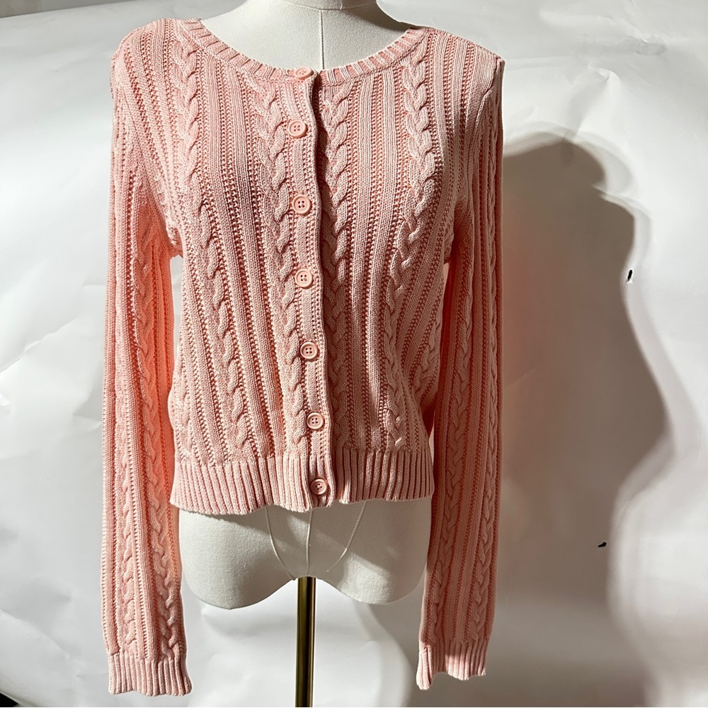 American Eagle Pink Cable Knit Button Front Cardigan Women’s Medium 100% Cotton